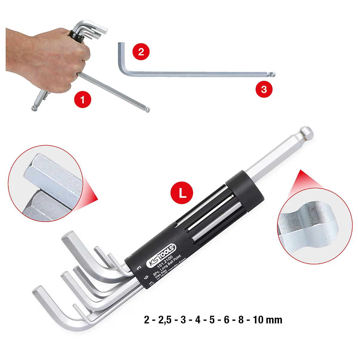 Sechskantschlüsselsatz mit Größenangaben. Detailansichten zeigen Form und Griff, sowie die enthaltenen Größen.