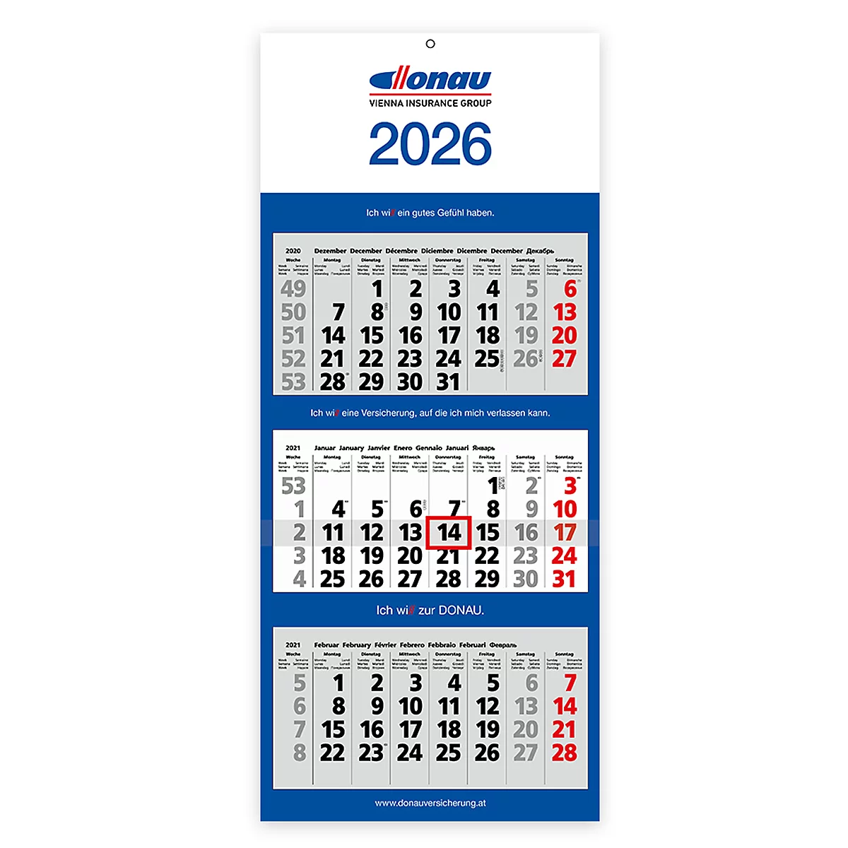 Kalender der Vienna Insurance Group. Jahr 2026. Der 14. Tag im Januar ist rot markiert.