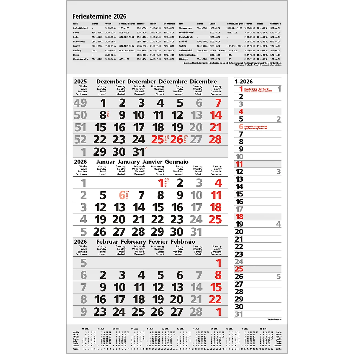 Kalender für 2026. Monatliche Übersichten mit Datumsangaben und Ferienzeiten.