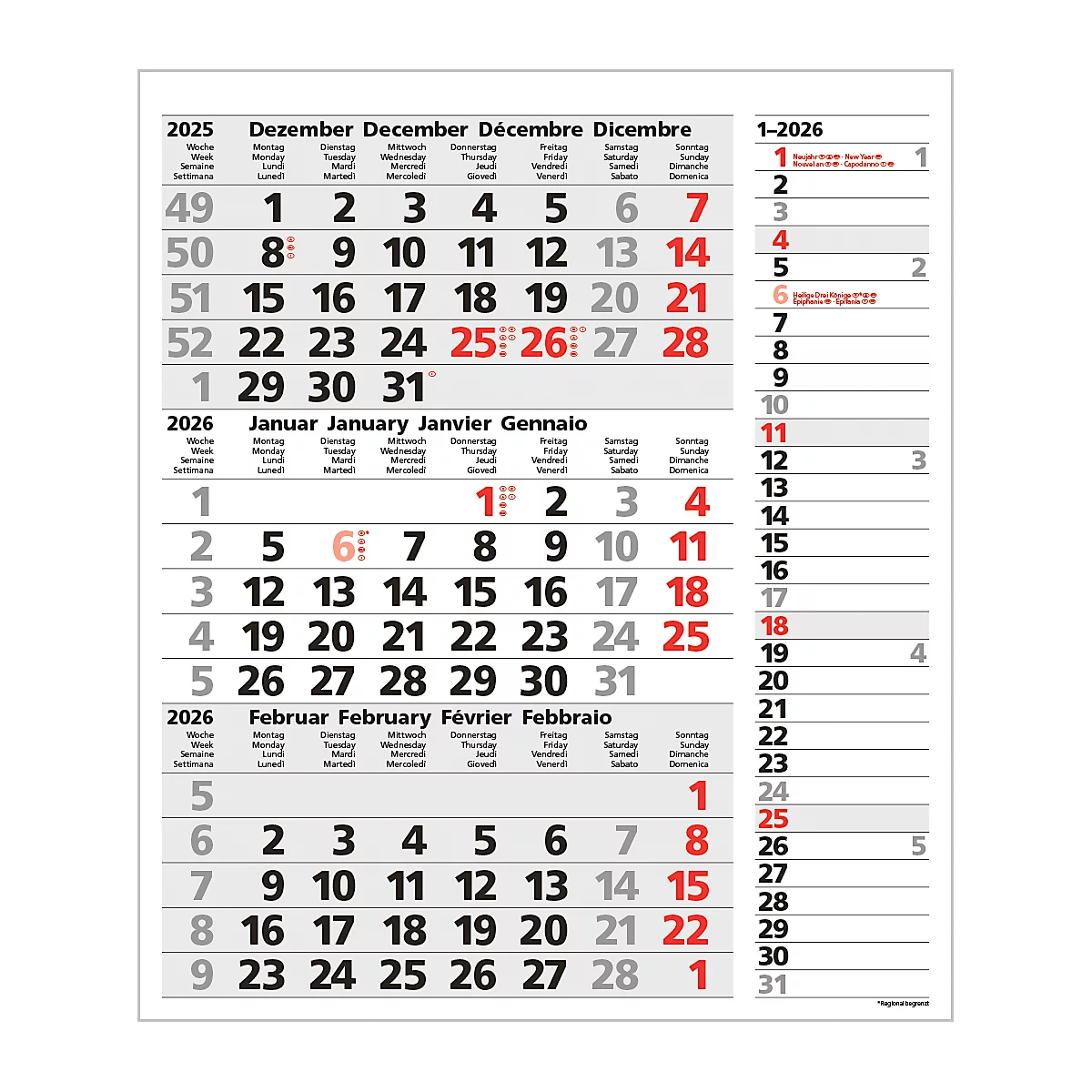 Ein Kalender zeigt die Monate Dezember 2025, Januar und Februar 2026. Rote Zahlen markieren Feiertage oder Wochenenden.