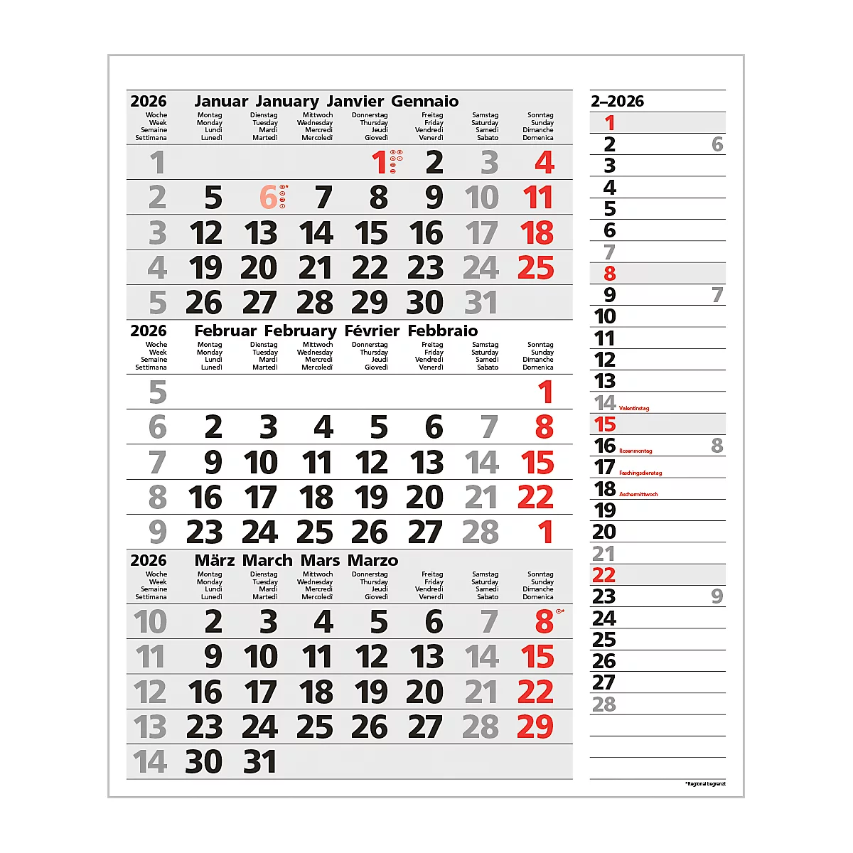 Ein Kalender für 2026, der die Monate Januar, Februar und März in verschiedenen Sprachen zeigt. Rote Markierungen für bestimmte Daten.