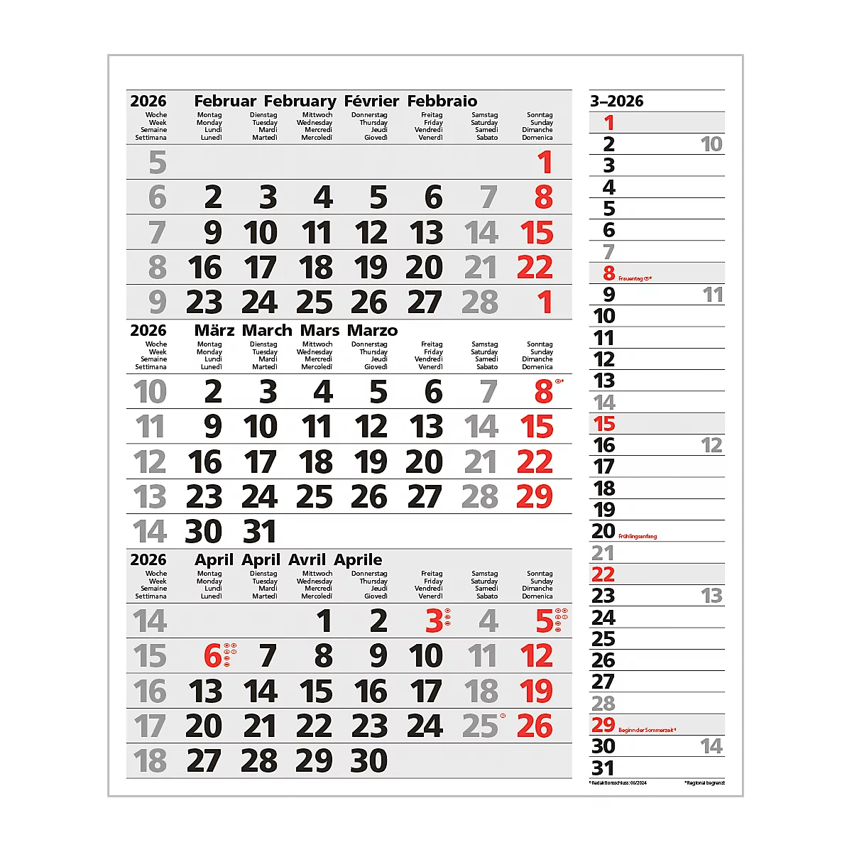Ein weisser Kalender für 2026 mit den Monaten Februar, März und April. Rote Zahlen markieren Feiertage.