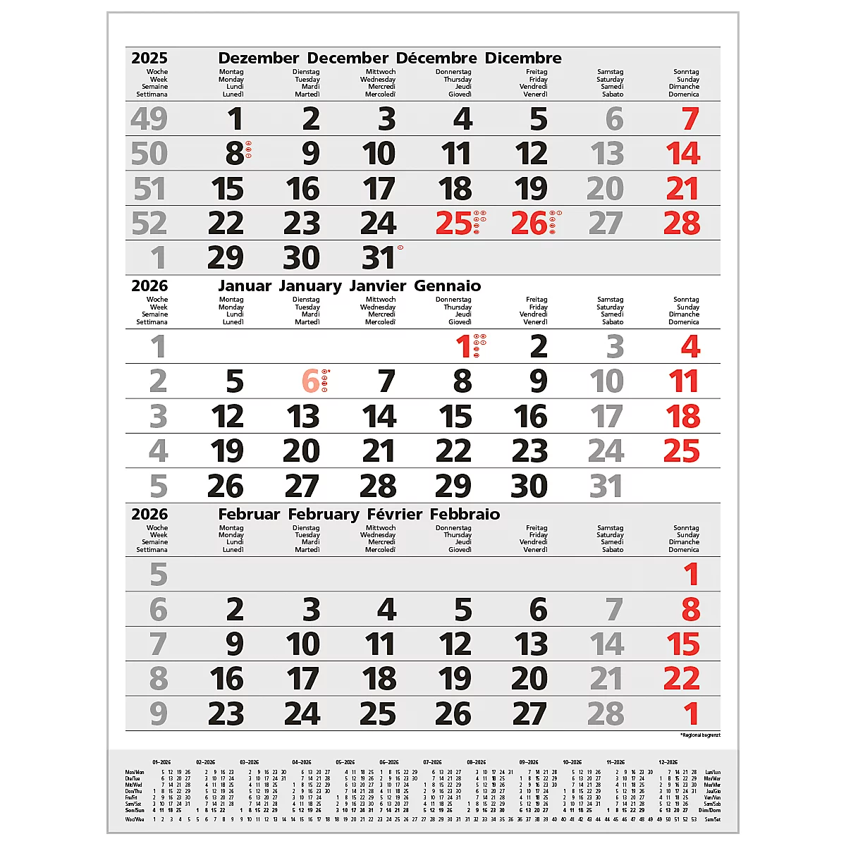 3-Monatsplaner Korsch Comfort 2026, Wandkalender, Datumsschieber, Kalendarium für D/GB/F/I, Feiertage rot, B 300 x H 390 mm, Papier, grau