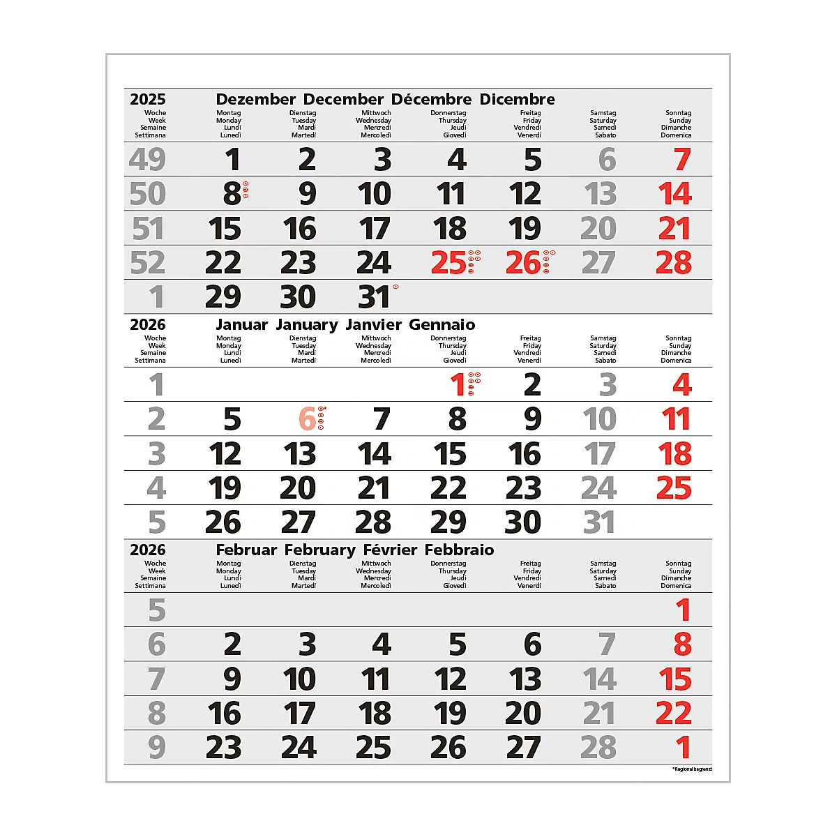 3-Monatsplaner Korsch Comfort 2026, Wandkalender, Datumsschieber, Kalendarium für D/GB/F/I, Feiertage rot, B 300 x H 390 mm, Papier, grau