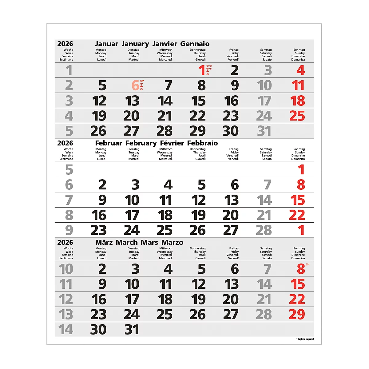 3-Monatsplaner Korsch Comfort 2026, Wandkalender, Datumsschieber, Kalendarium für D/GB/F/I, Feiertage rot, B 300 x H 390 mm, Papier, grau