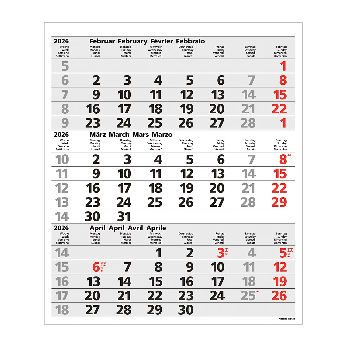 3-Monatsplaner Korsch Comfort 2026, Wandkalender, Datumsschieber, Kalendarium für D/GB/F/I, Feiertage rot, B 300 x H 390 mm, Papier, grau