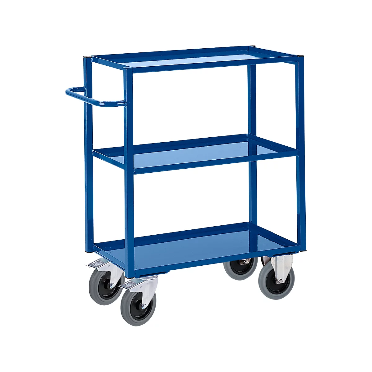 Blue serving cart with three shelves and wheels.
