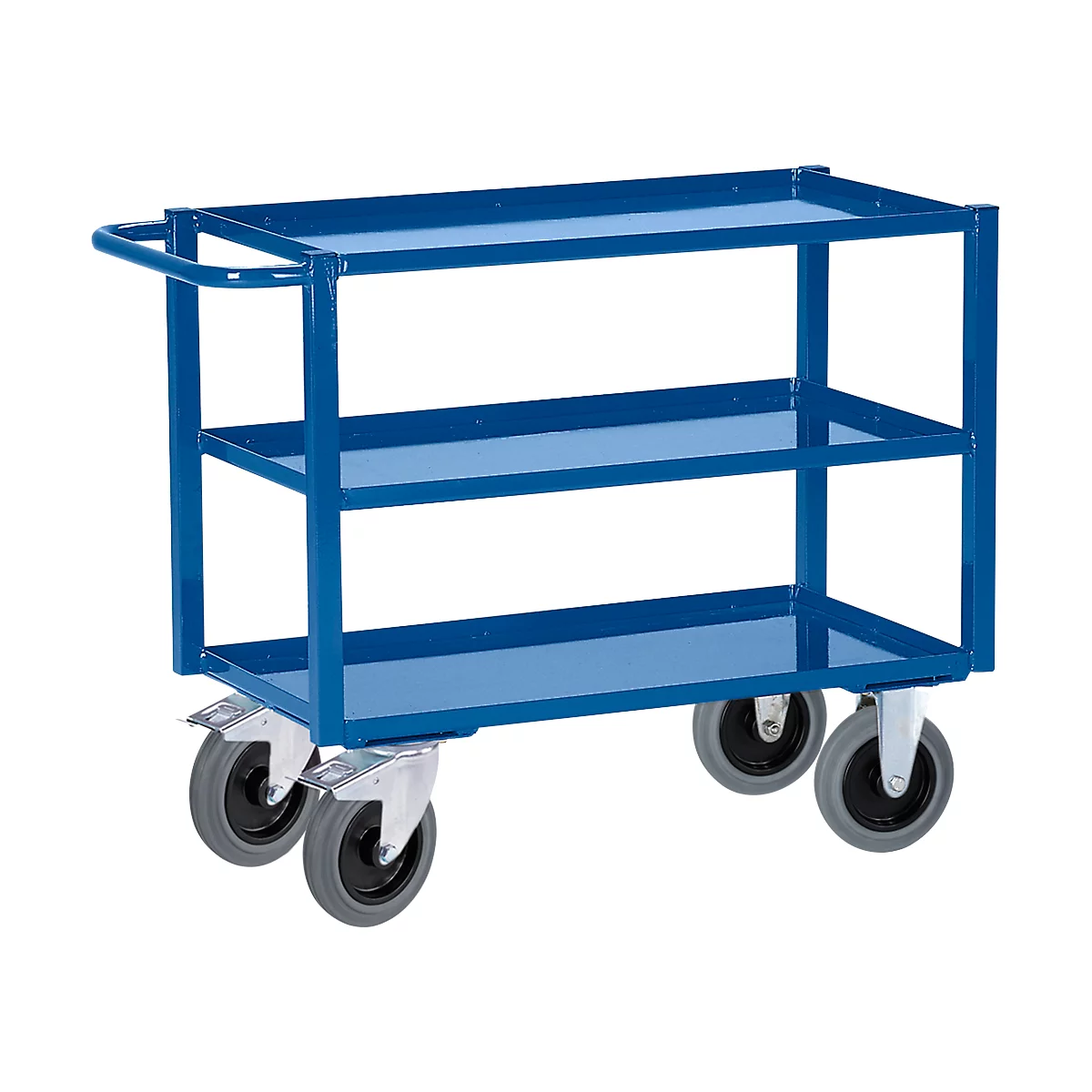 Blue cart with three levels and four wheels. The handle is curved.