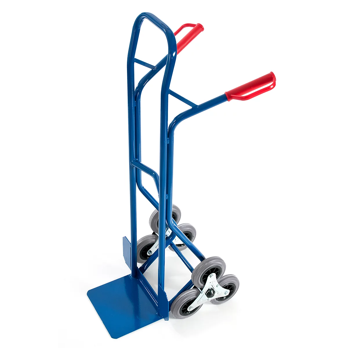 Blue stair climber with red handles, gray wheels, and metal base, photographed diagonally from the top right.