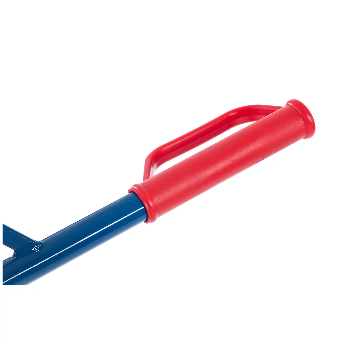 Close-up of a blue metal tube with a red handle.