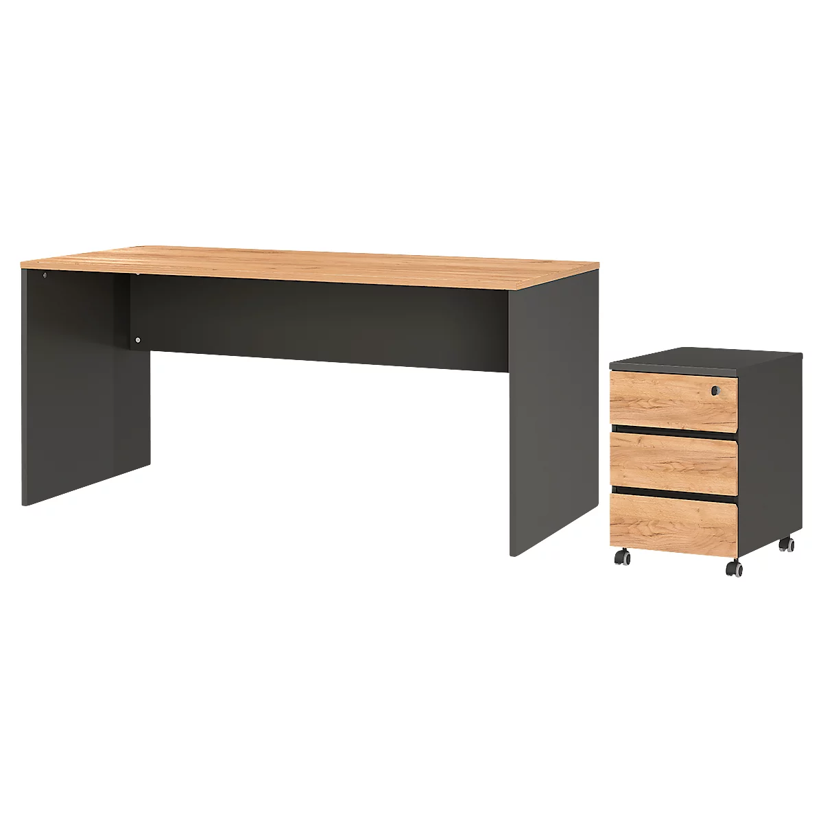 3-tlg. Büromöbelset Boston, 1 Wangenschreibtisch, B 1580 x T 790 mm, 1 Rollcontainer, B 410 x T 500 x H 600 mm, anthrazit/Navarra-Eiche