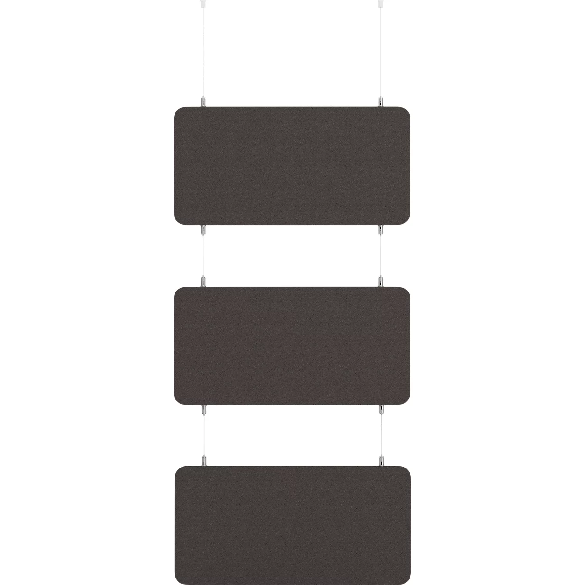 Drie rechthoekige, donkergrijze panelen met afgeronde hoeken die aan dunne touwen hangen.
