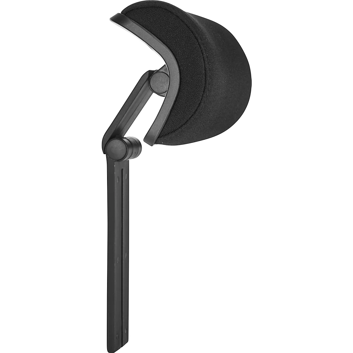 Black adjustable headrest, partially folded, with triangular head cushion.