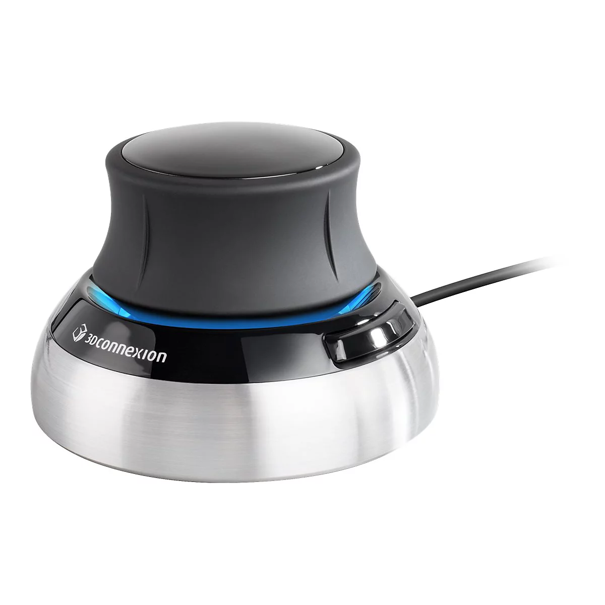 Un contrôleur de souris 3Dconnexion. L'appareil a une base ronde en métal brossé, une section centrale noire et un dessus noir. Il y a une lumière bleue.