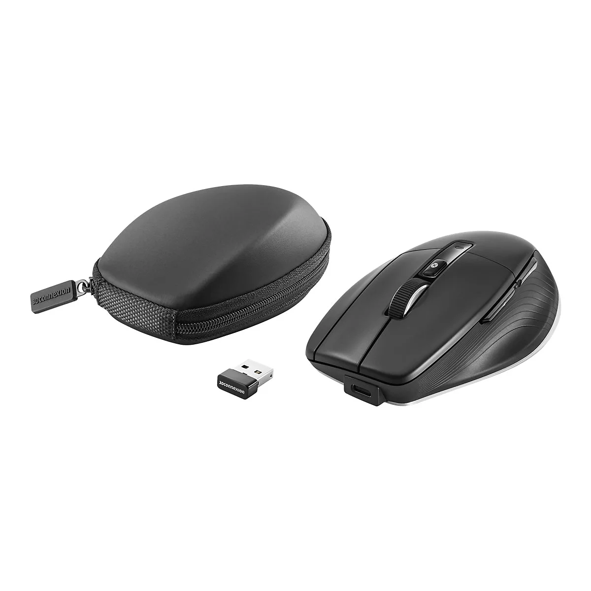 Souris noire sans fil avec étui et dongle USB. Logo 3dconnexion.