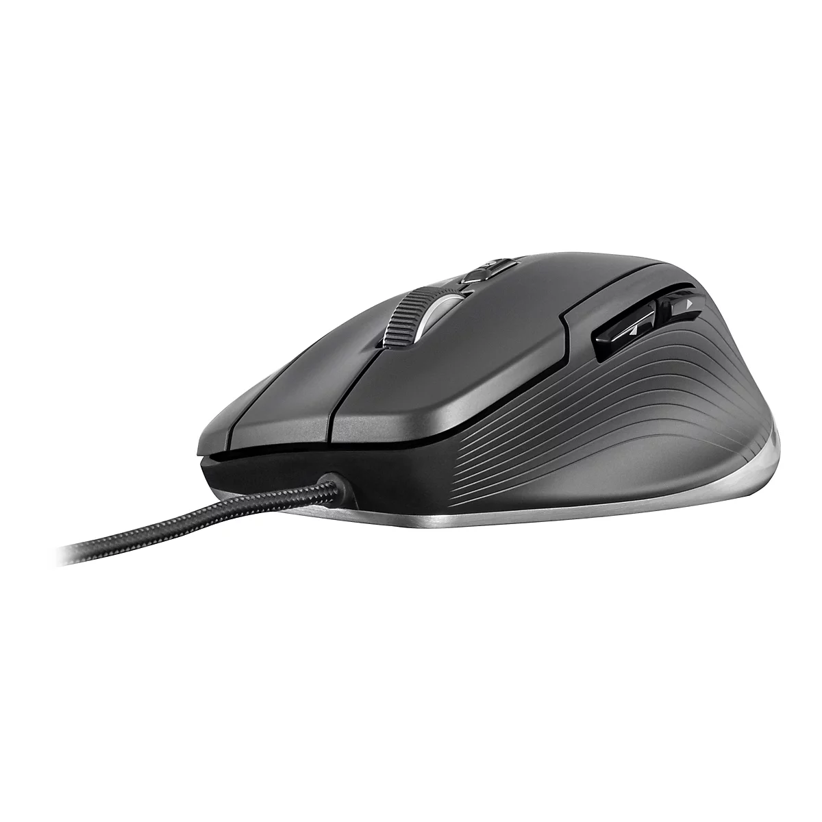 Souris d'ordinateur noire sans fil avec boutons latéraux et molette de défilement. Câble tressé, fond blanc.