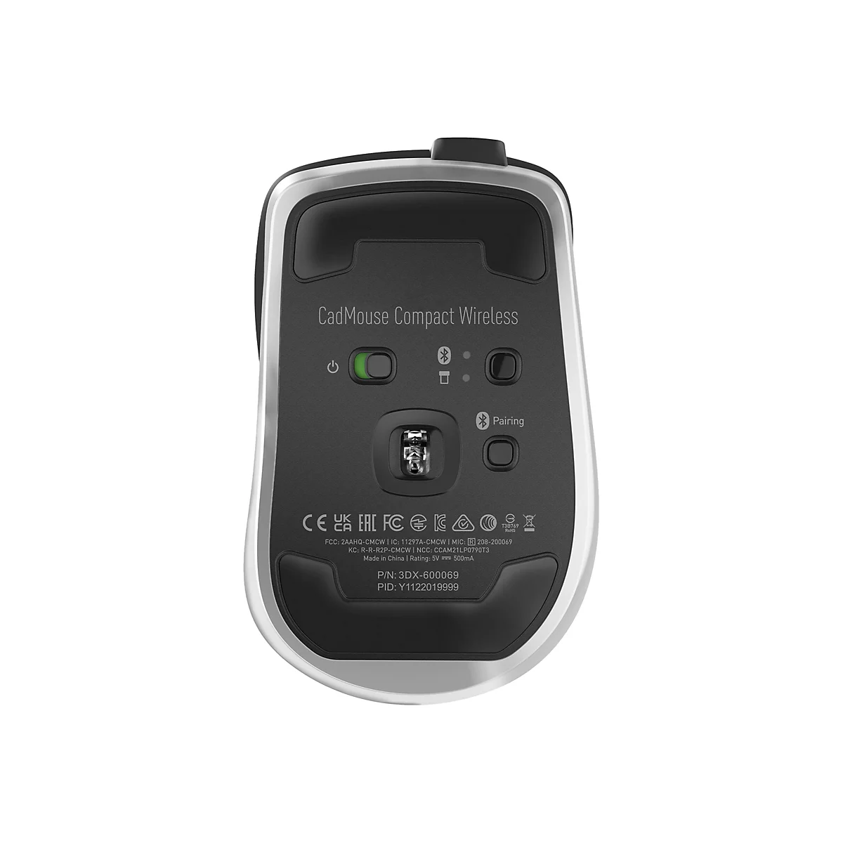 Vue de dessus d'une CadMouse Compact Wireless grise et noire. Boutons, symboles et détails techniques sont sur le dessous.
