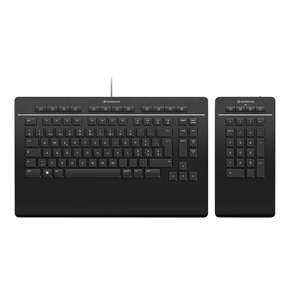 Schwarze Tastatur mit abgetrenntem Nummernblock, beide haben Tastenbeschriftungen. Marke 3Dconnexion.