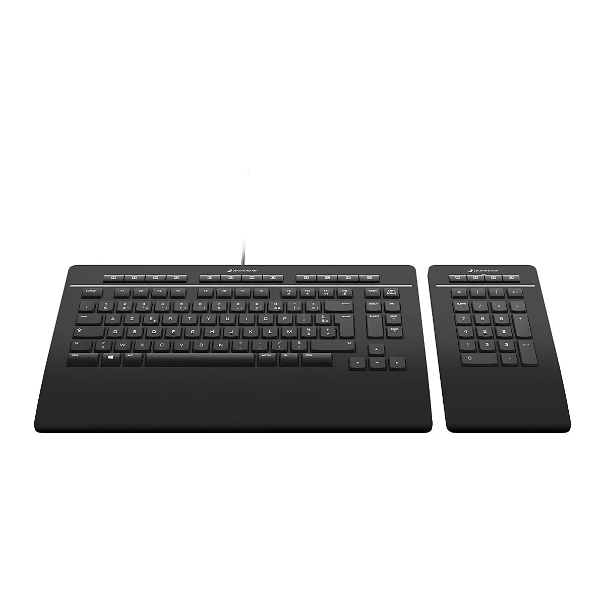 Schwarze 3Dconnexion AZERTY-Tastatur mit separatem Nummernblock auf weißem Hintergrund.
