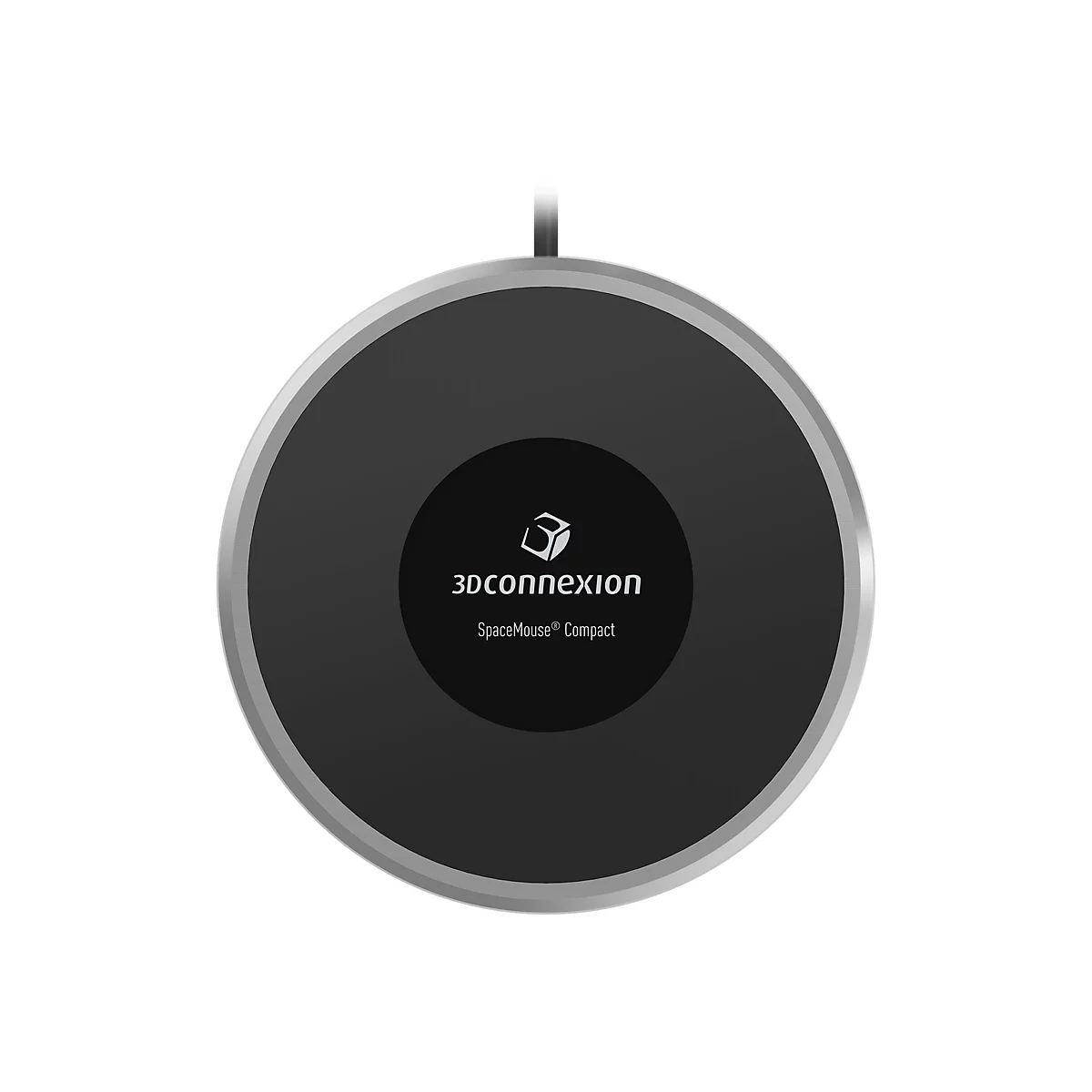 Ein 3Dconnexion SpaceMouse Compact auf weißem Hintergrund. Das Gerät ist rund, schwarz mit silbernem Rand und zentralem Logo.