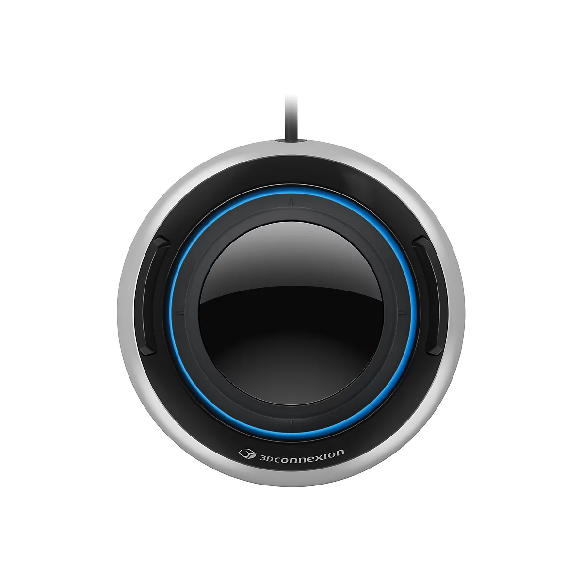 Kreisförmige silber-schwarze Maus mit blauem Leuchtring und Logo. Der schwarze, runde Bereich ist verspiegelt.