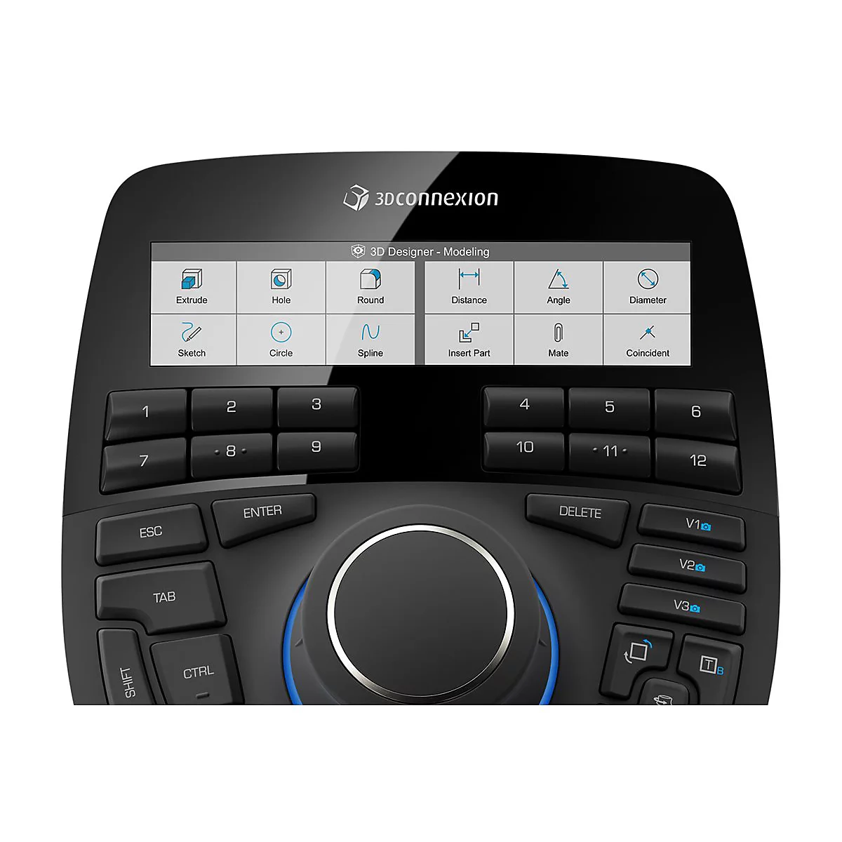 Appareil 3Dconnexion noir avec boutons et écran pour la conception 3D. L'écran affiche divers outils de conception.