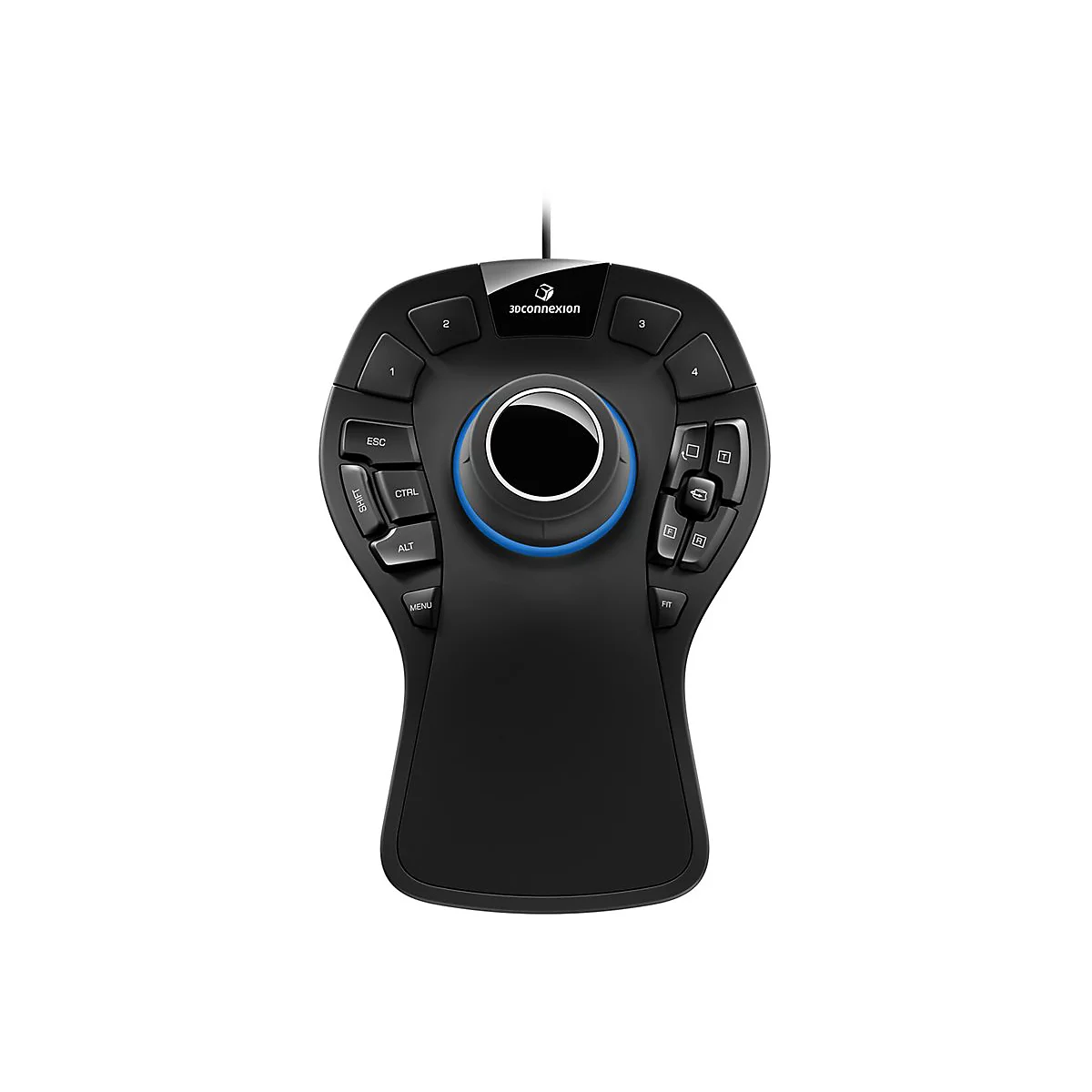 Souris 3Dconnexion noire. Logo en haut, boutons, pavé tactile central, élément bleu. Forme ergonomique.