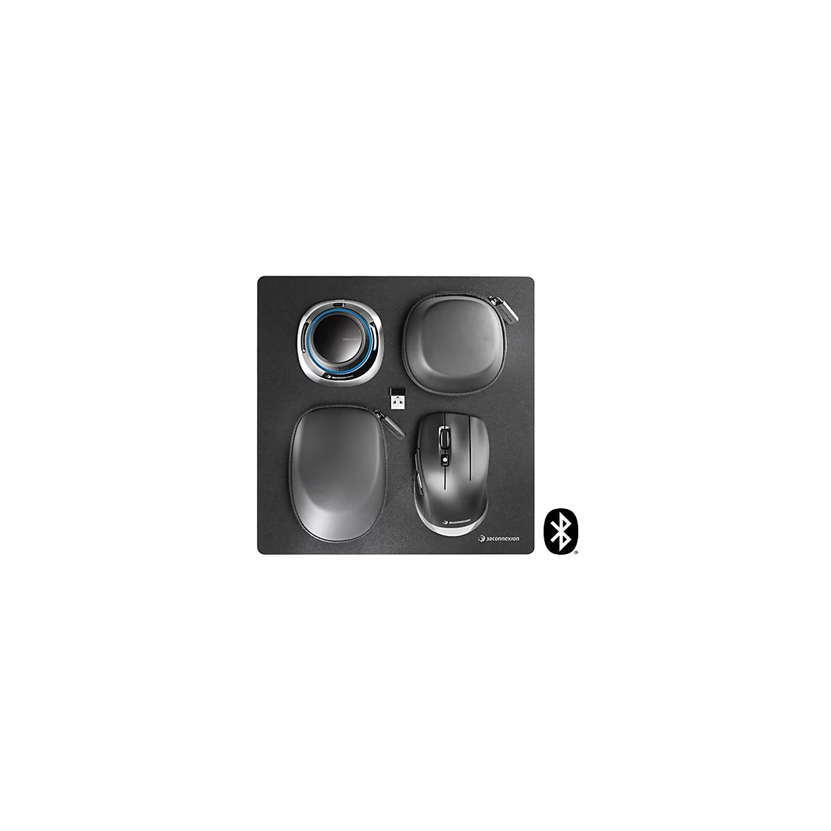 Draufsicht auf ein drahtloses Maus-Set mit Maus, 3D-Maus, Aufbewahrungstaschen und Bluetooth-Symbol.