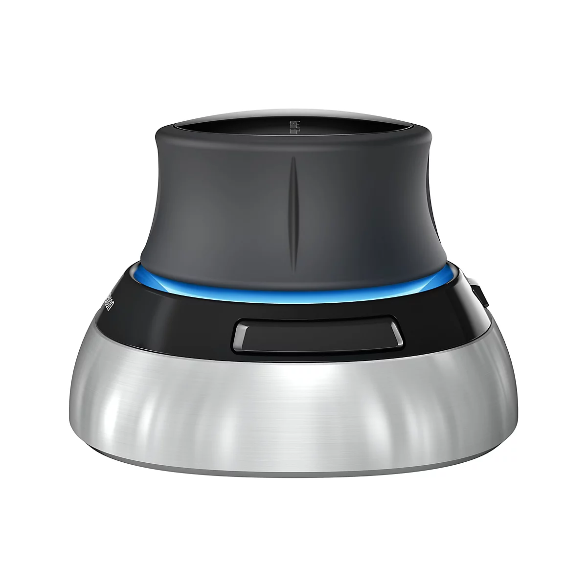 Un contrôleur de souris 3D ergonomique. L'appareil a un dessus noir, une barre bleue et une base argentée.