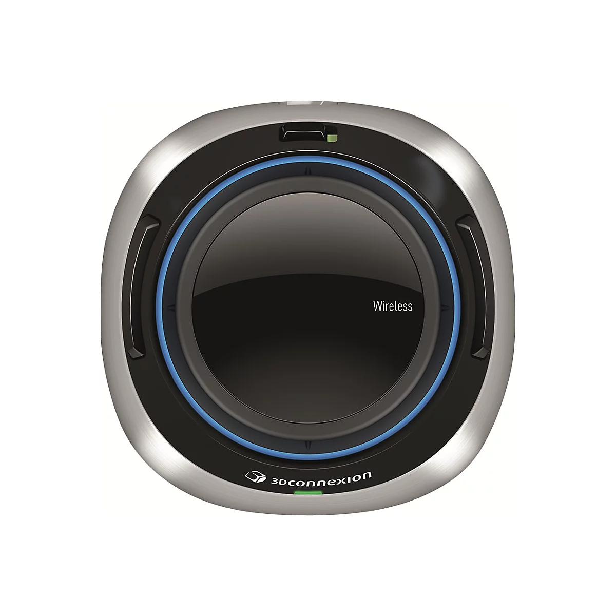 Contrôleur sans fil. Appareil rond avec bord argenté, centre noir et anneau bleu. Mot "Wireless".