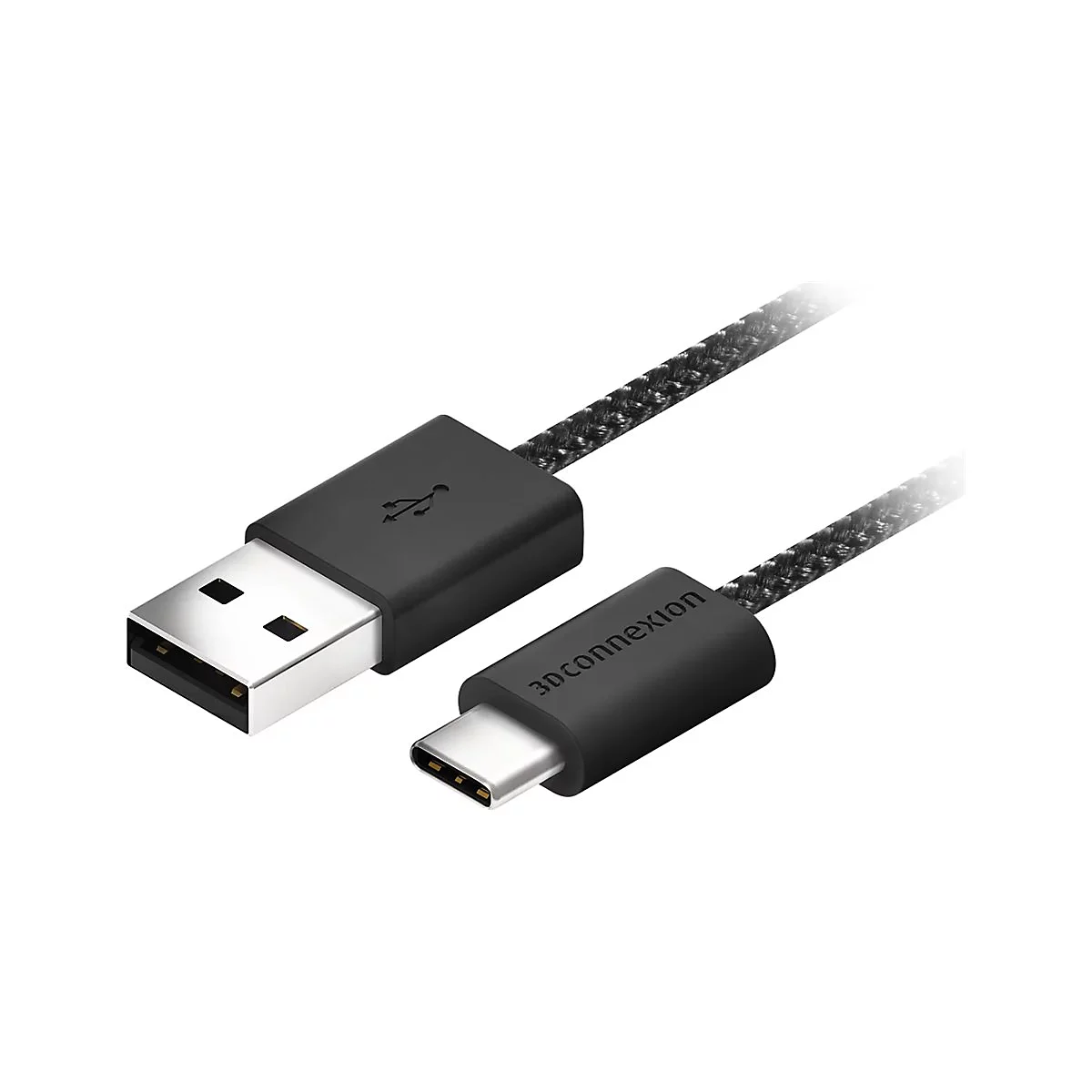Schwarzes USB-Kabel mit USB-A- und USB-C-Anschlüssen. Der Kabelmantel ist schwarz-grau gewebt.