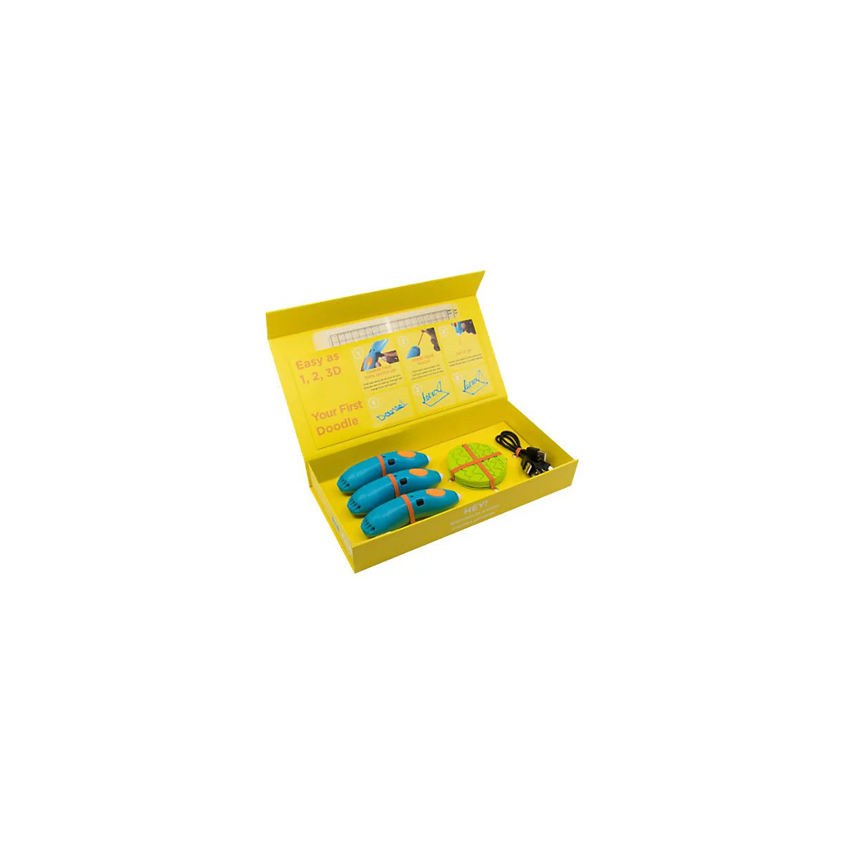 Gelbe Geschenkbox mit drei blauen 3D-Stiften, Ladekabel und Zubehör für Kinder.