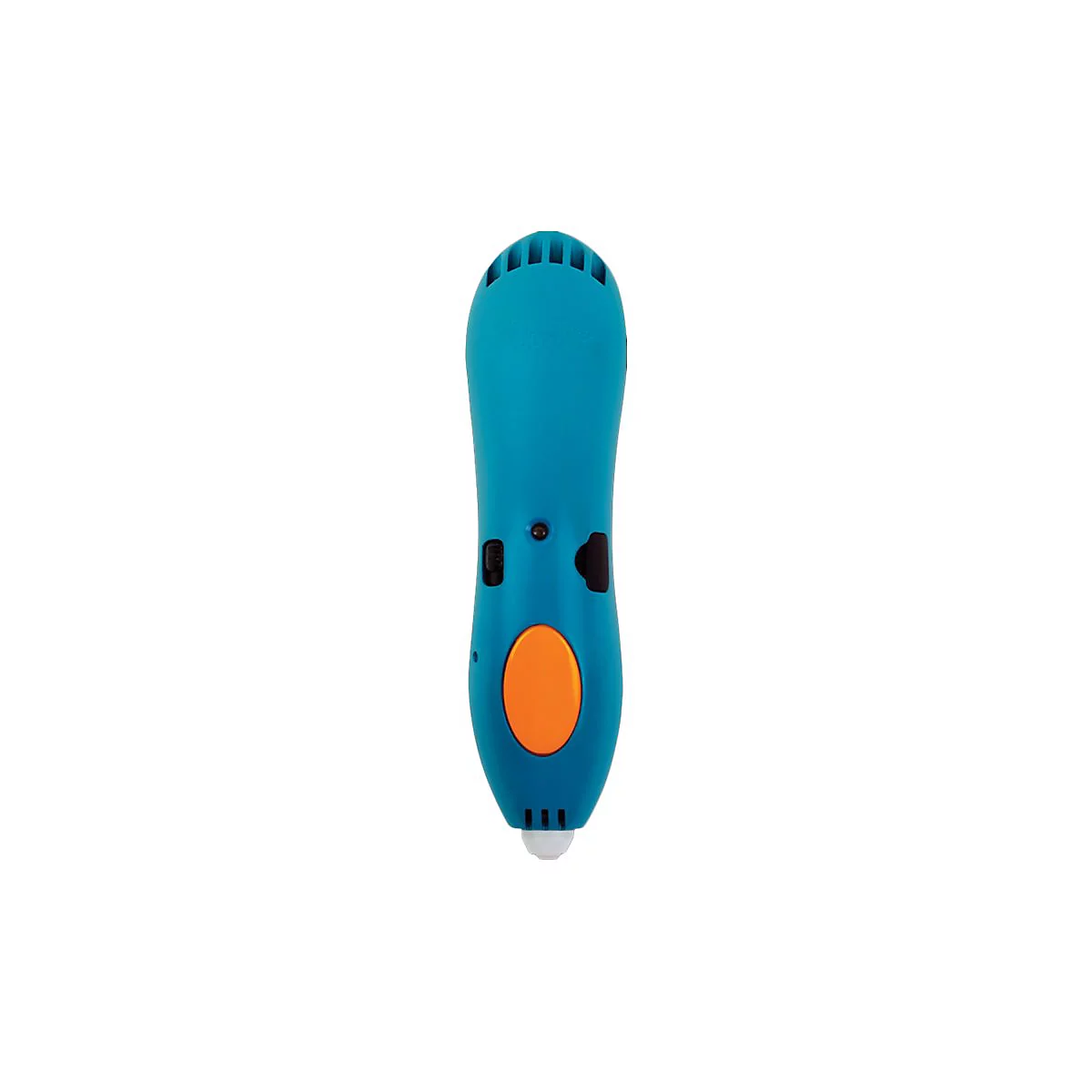 Ein blauer 3D-Druckstift mit einem markanten orangefarbenen Knopf und Bedienelementen vor weißem Hintergrund.