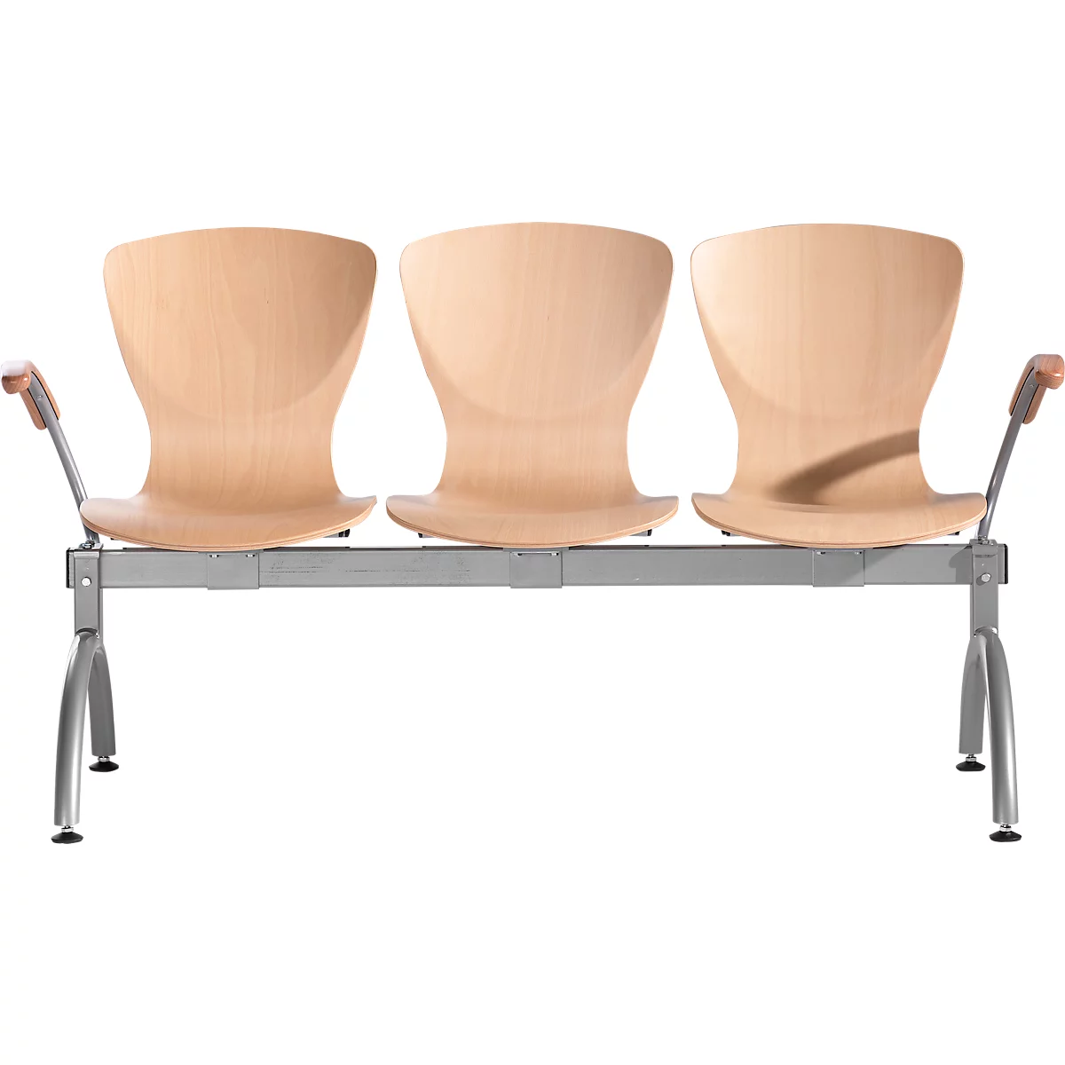 Dreisitzige Wartebank mit hellen, ergonomisch geformten Holzschalen auf einem grauen Metallgestell.