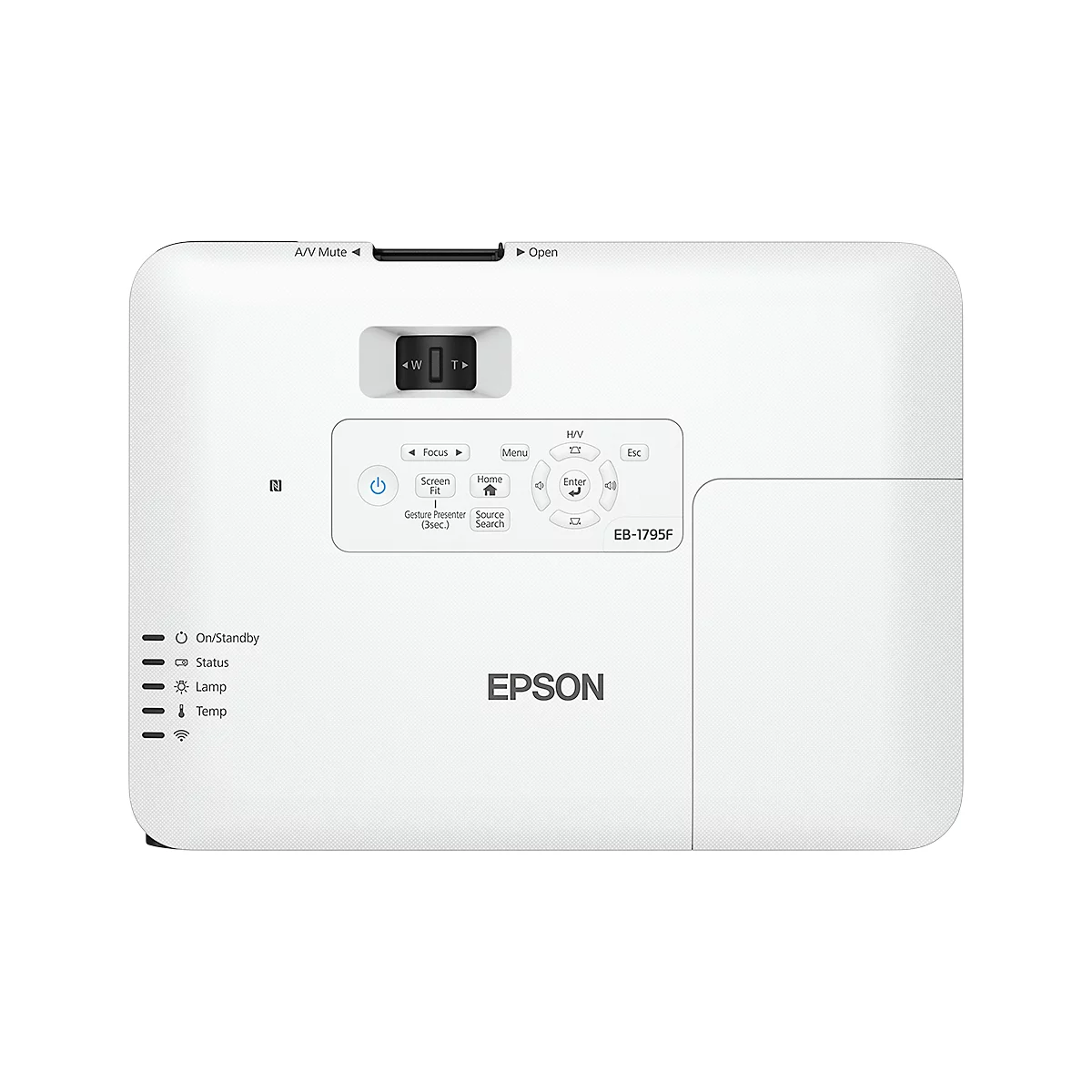 White Epson projector, top view. Buttons, indicators, "Epson" lettering.