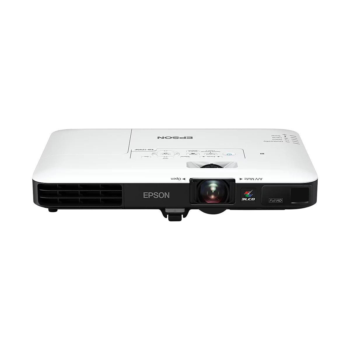 A white Epson projector. The lens is in the center of the front, with the Epson logo below it.