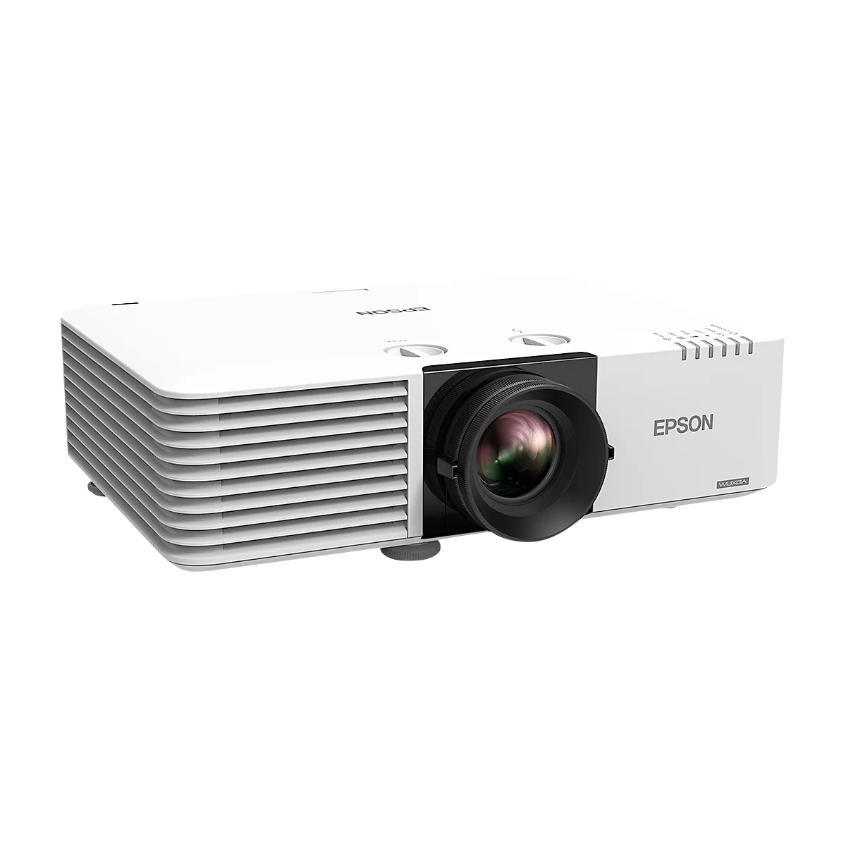 White Epson projector, side view. With lens and Epson logo. Fan slots.