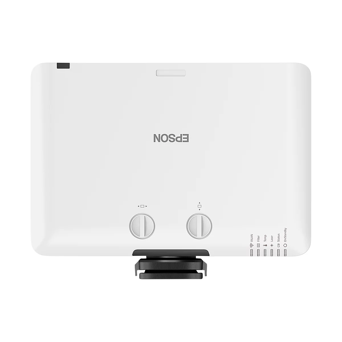 White projector with EPSON logo. Two dials and a terminal strip on the right.