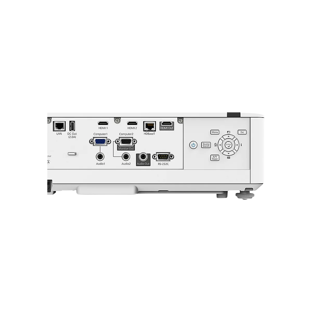 Close-up of the back of a white projector with various ports: LAN, HDMI, Audio, RS-232C, etc. Also control panel with buttons.
