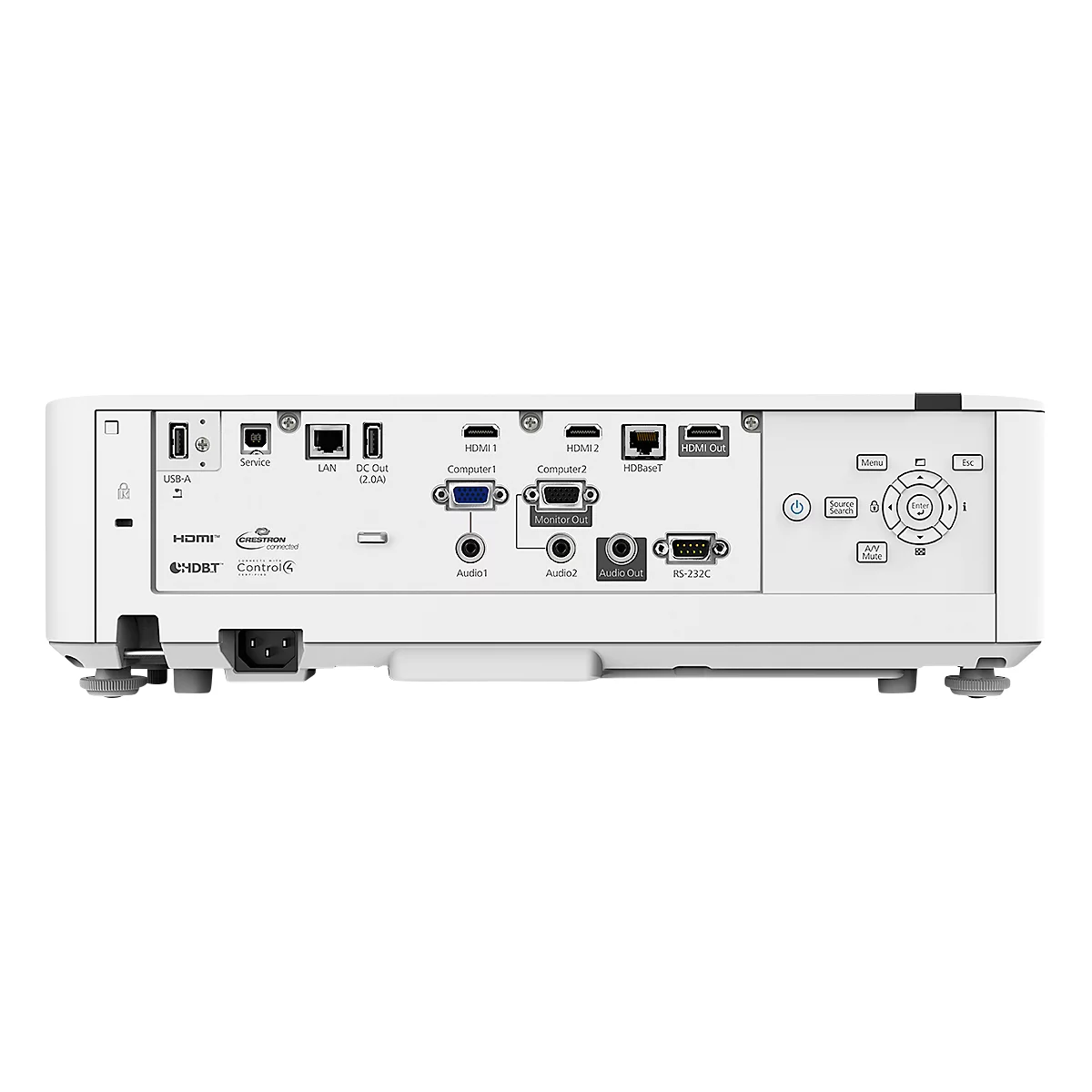 Back of a white projector with ports for power, HDMI, USB, VGA, audio, and network. Control buttons are on the right.