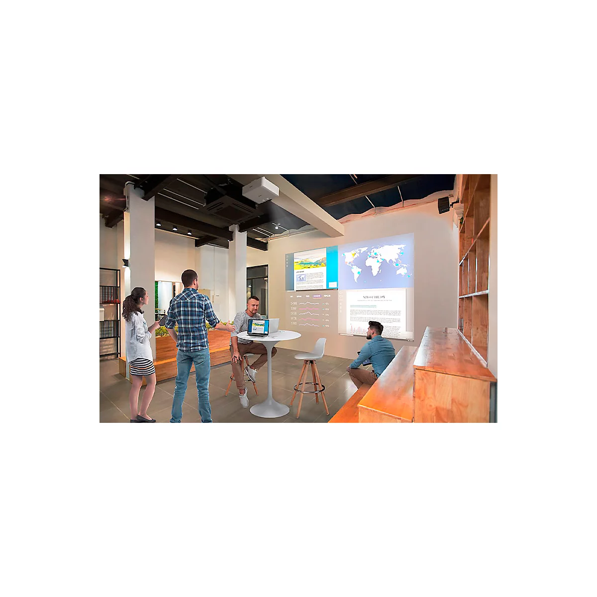 Presentation in modern office: Projection on wall, people watching presentation.