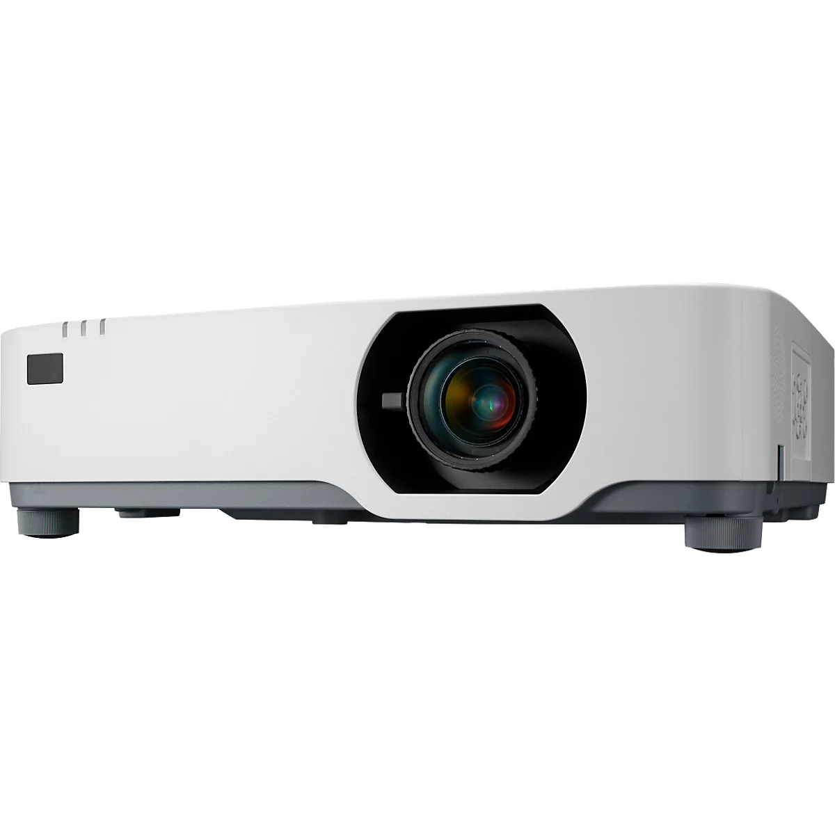 A white projector with black lens, standing on gray feet.