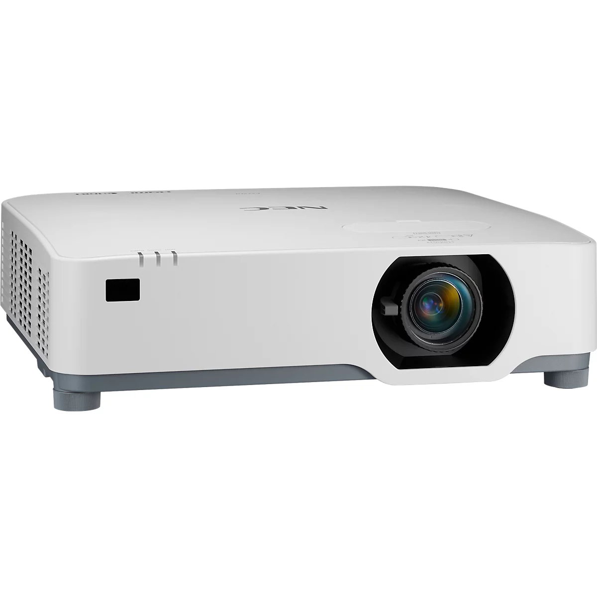 White projector, slightly angled. Lens in focus, gray base.