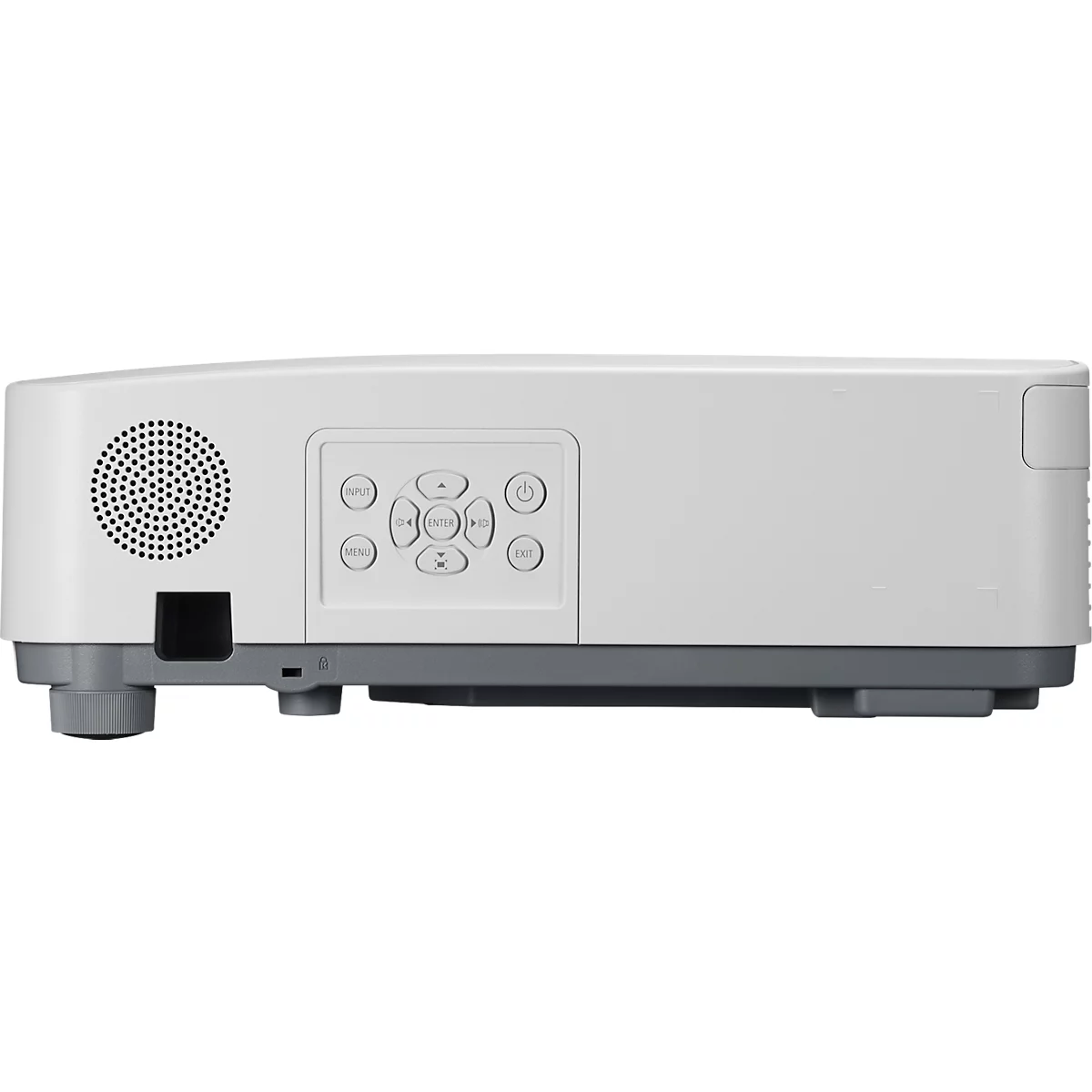 White projector in profile, gray base, control buttons, fan grille.