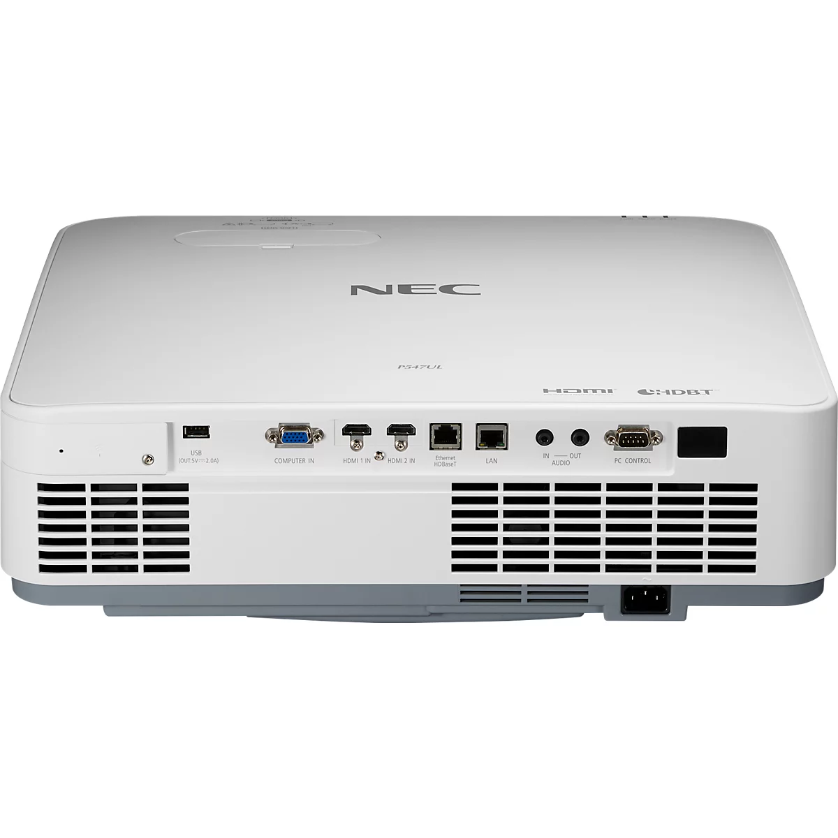 Back view of a white NEC projector, showing ports, vents, and power input.