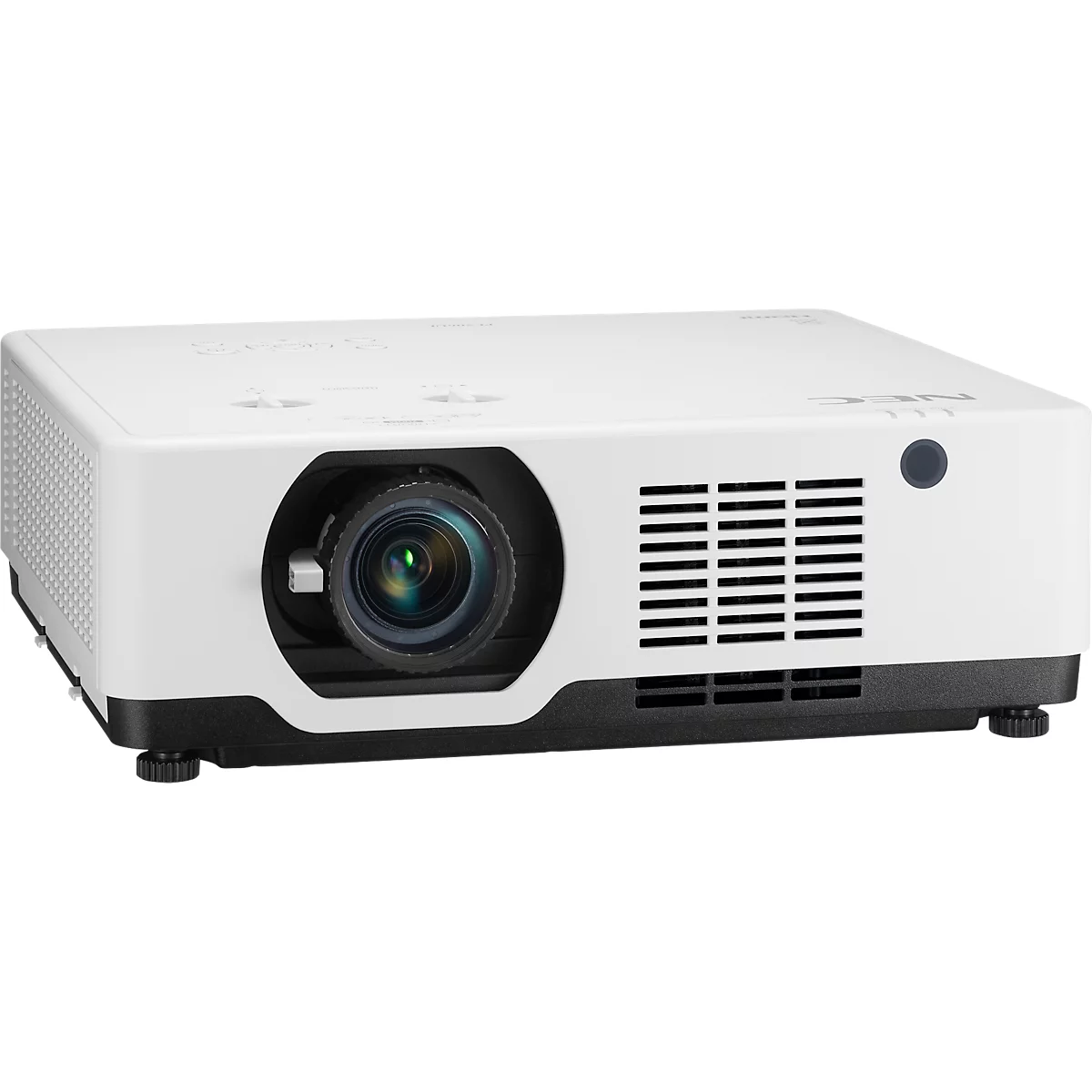 White projector with a black base and lens. Buttons are on top. A ventilation grid is visible on the right.