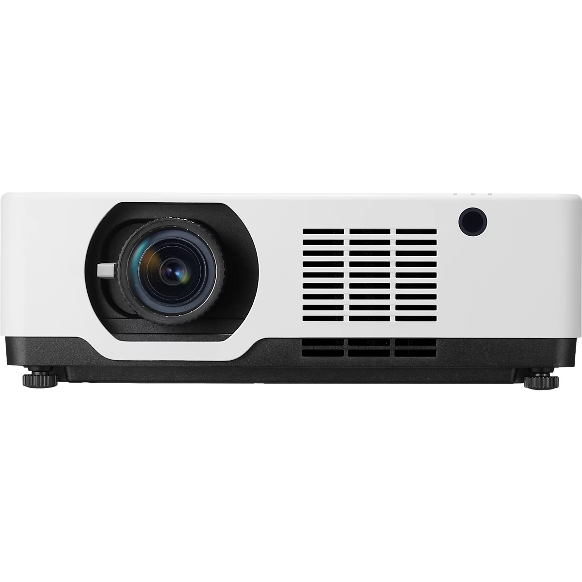 White projector with a black lens and ventilation slots.