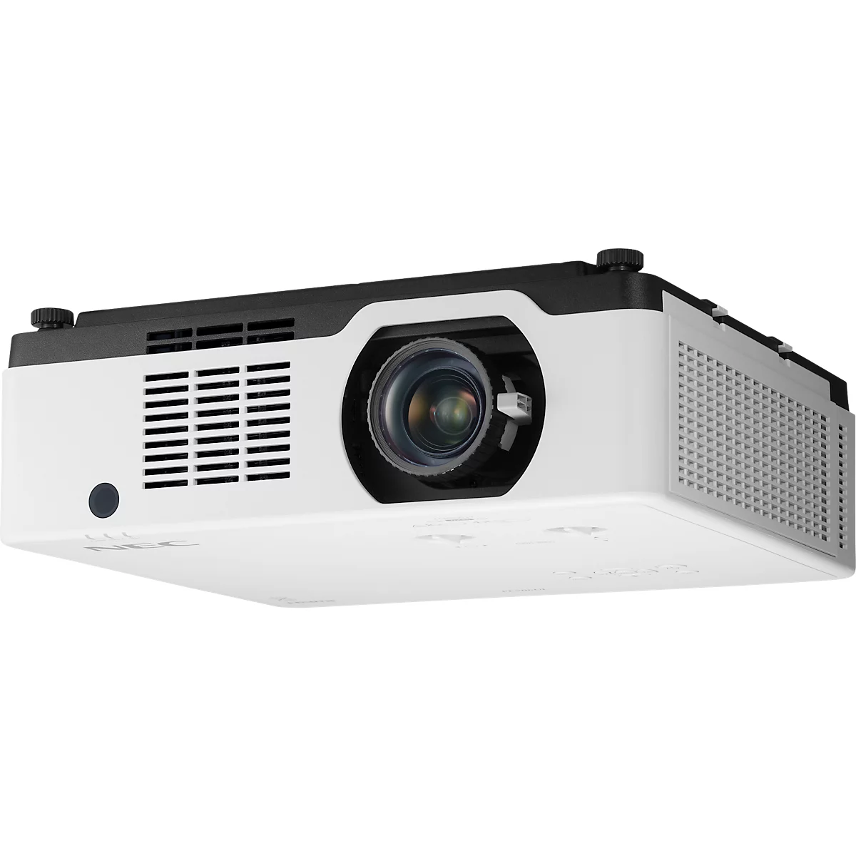 White projector with black top and lens, side vents.