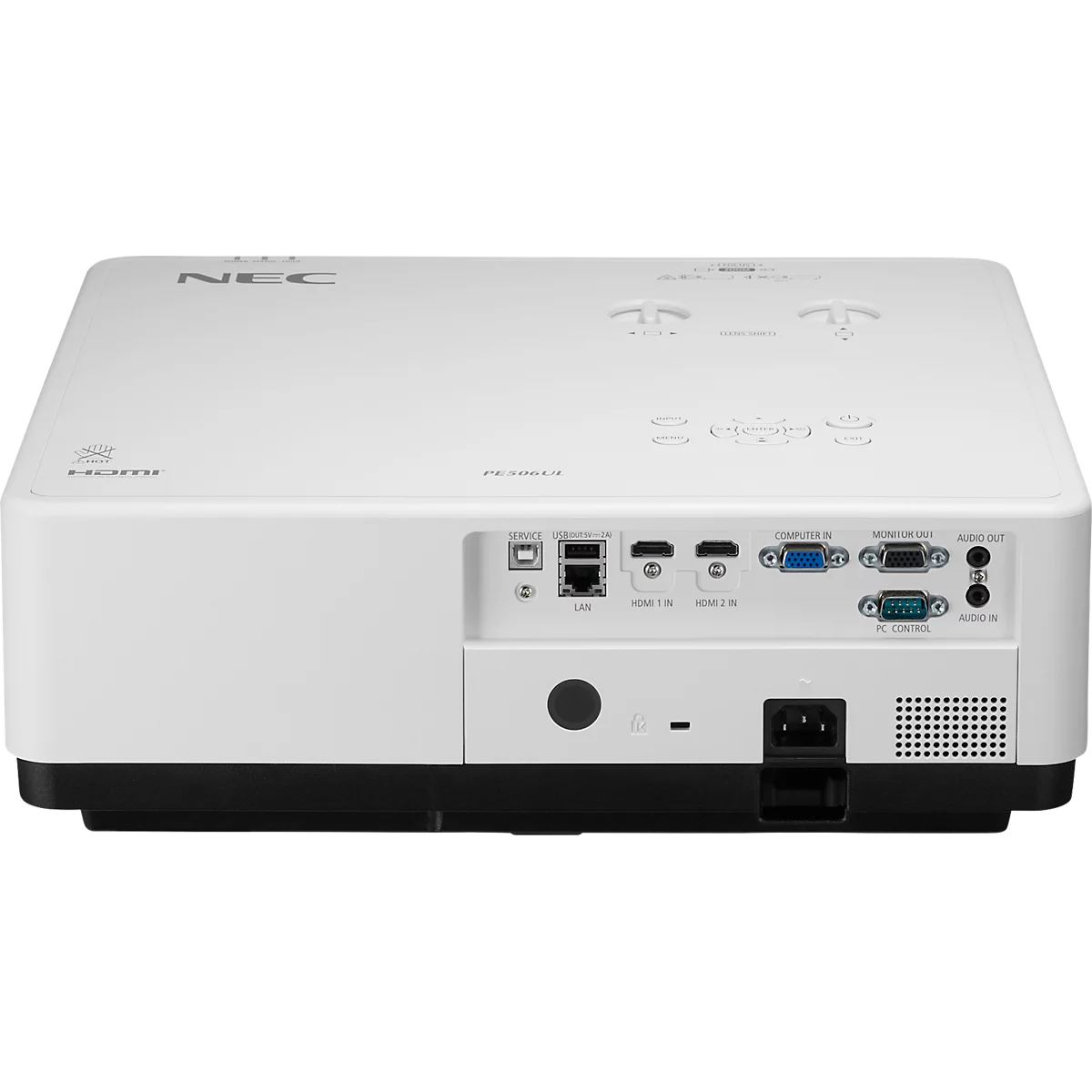 White NEC projector, back with connections: USB, Ethernet, HDMI, VGA, audio in/out, power.