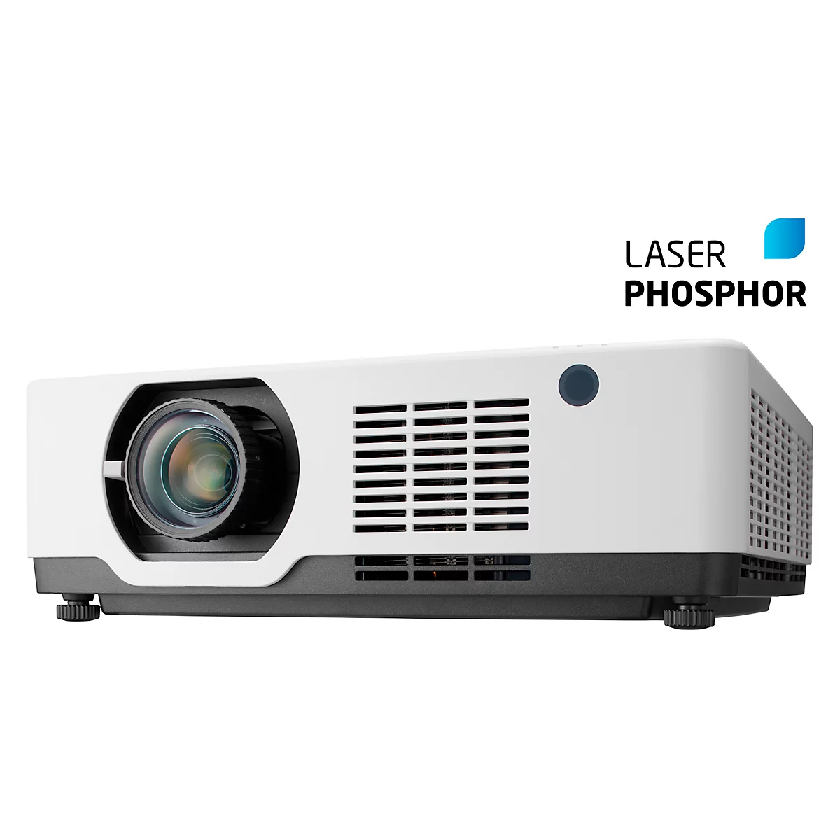 White projector with lens, ventilation slots, laser phosphor lettering. Blue LED indicator.